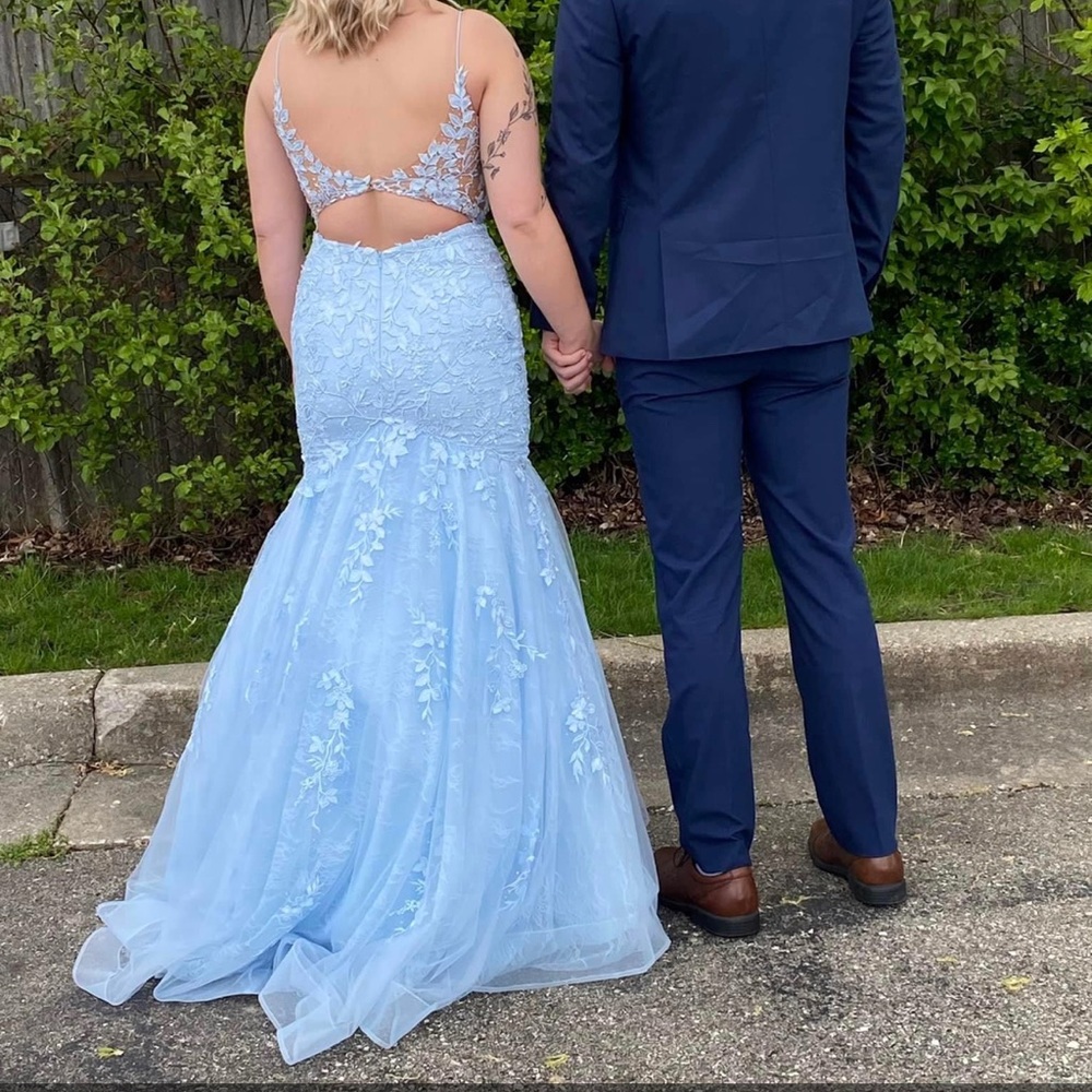 Baby blue Amarra prom dress. Super comfortable and no alterations were done!